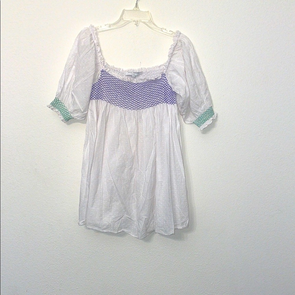 Hill House White and Purple Smocked Over The Shoulders Women's Mini Dress - Picture 2 of 7